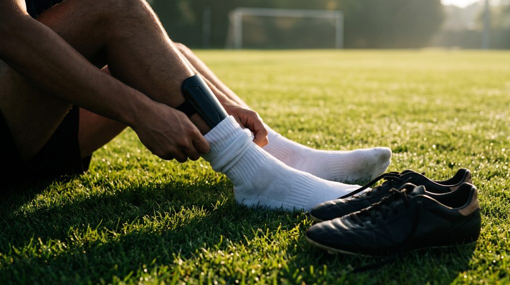 Best Shin Guards for Soccer in 2026: Six Picks, the NOCSAE Rule, and How to Get the Size Right 3 Soccer player sitting on the pitch sliding a slim black shin guard into a white sock beside their cleats