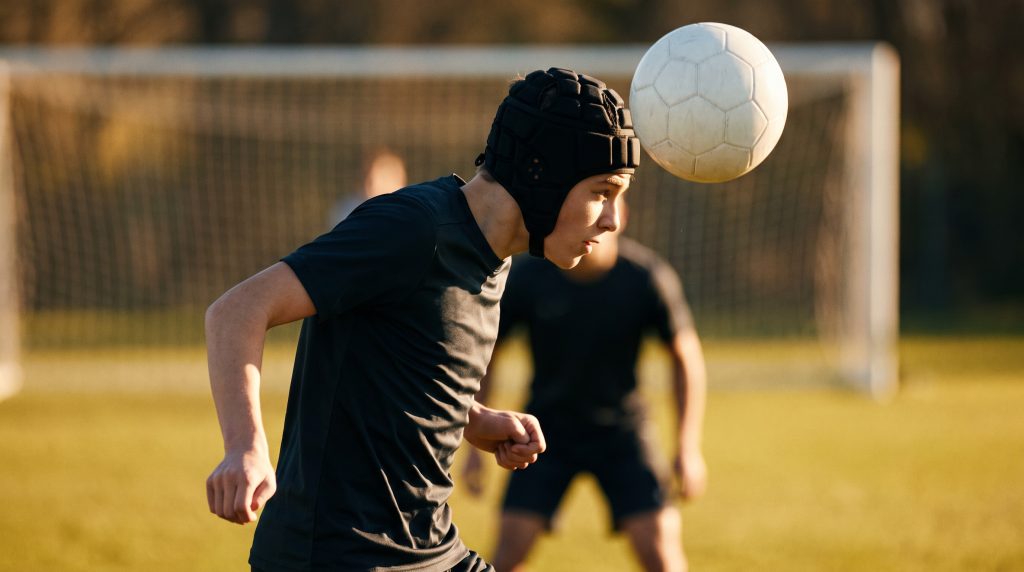 Best Soccer Headgear in 2026: Storelli ExoShield vs Unequal Halo 3 vs Full90 (and What a Headband Can Actually Do) 5 Teenage soccer player in black padded protective headgear heading the ball in front of a goal