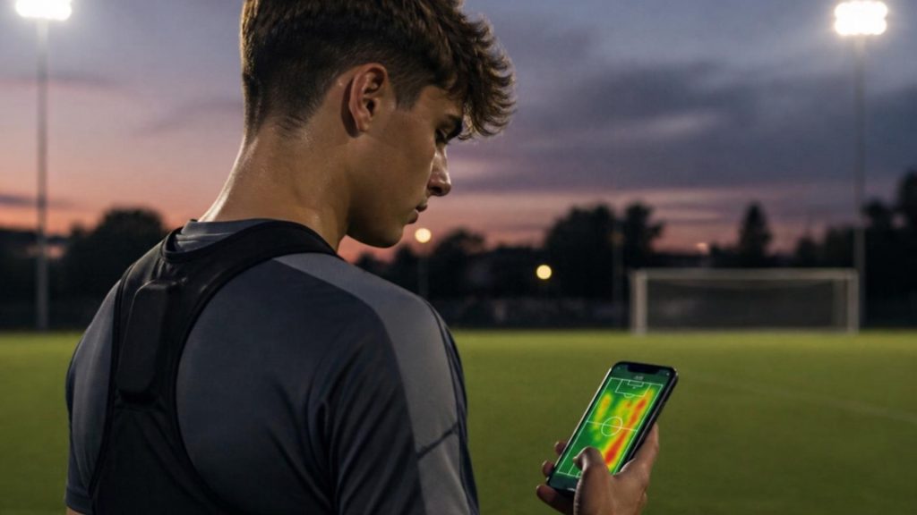 Catapult One Review 2026: The Pro GPS Tracker Is Now a Subscription You Can Only Buy in the App 1 Soccer player in a GPS tracker vest checking a pitch heat map on a phone at dusk