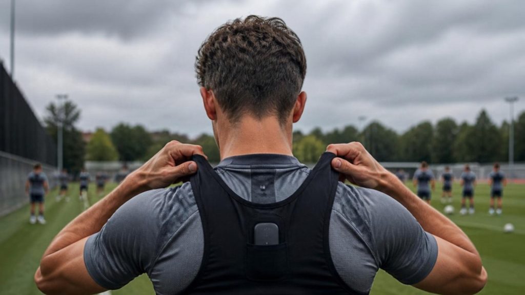 STATSports Apex Athlete Series Review: The Pro GPS Tracker for Amateur Players (Now Sold as STATSports Academy) 2 Soccer player seen from behind pulling on a black GPS tracker vest with the pod between the shoulder blades